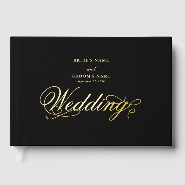 Real Gold Foil Elegant Classy Luxury Black Wedding Guest Book (Front)