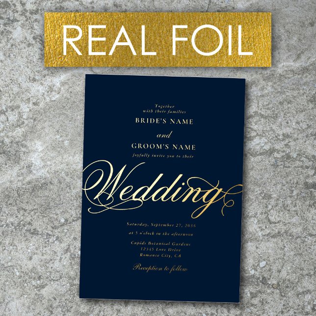 Real Gold Foil Elegant Classy Luxury Navy Wedding (Real Gold Foil Elegant Classy Luxury Navy Blue Foil Invitation)