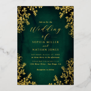 Real Gold Foil Emerald Floral Lace Script Wedding 