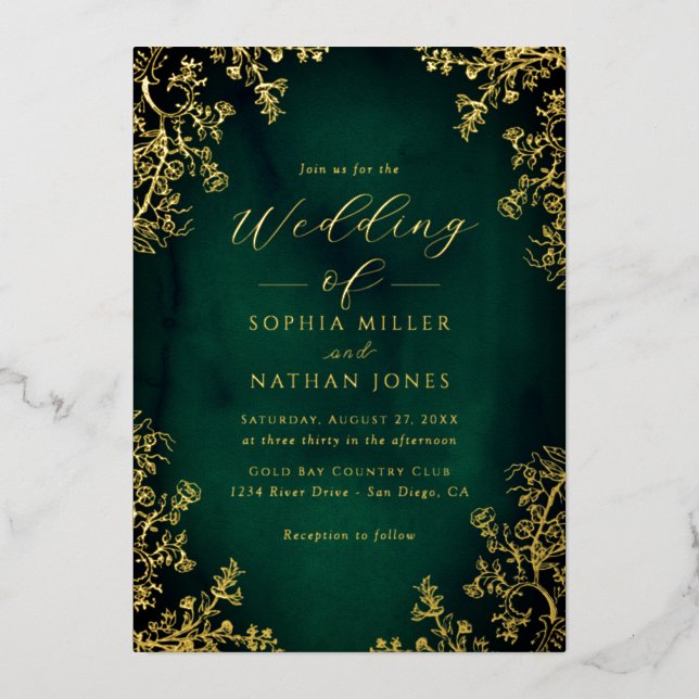 Real Gold Foil Emerald Floral Lace Script Wedding  (Front)
