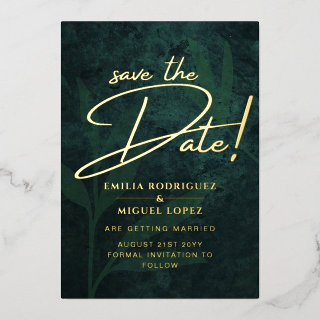 Real GOLD FOIL Emerald Green Save the Date Wedding (Front)