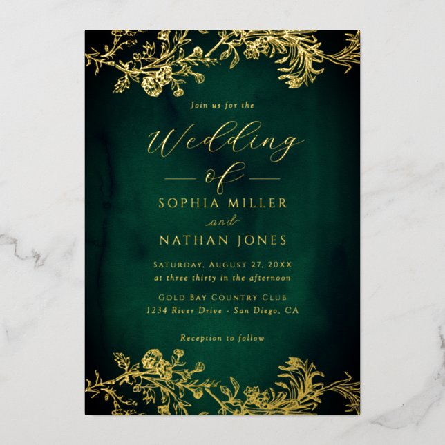 Real Gold Foil Floral Lace Script Emerald Wedding  (Front)