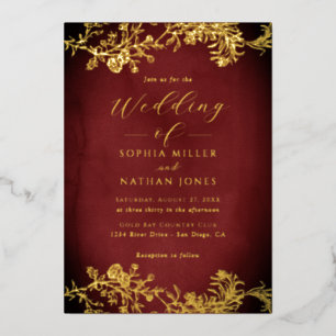 Real Gold Foil Floral Lace Script Red Wedding 