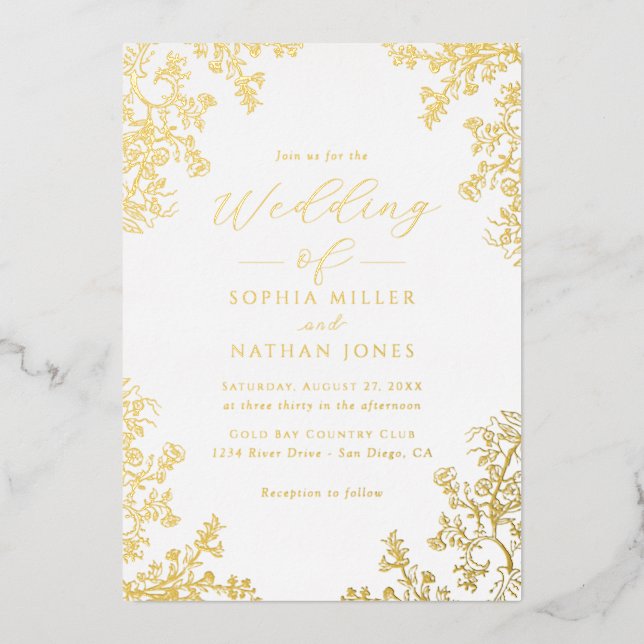 Real Gold Foil Floral Lace Script Wedding  (Front)