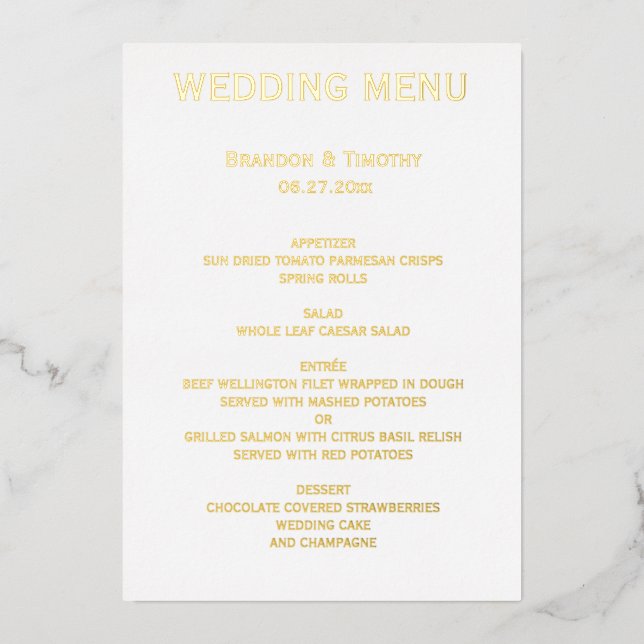 Real Gold Foil Gay Wedding Menu (Front)