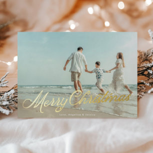 Real Gold Foil Lettering Overlay Merry Christmas Holiday Card