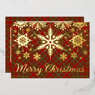 REAL Gold Foil Merry Christmas Snowflakes on Plaid Holiday Card