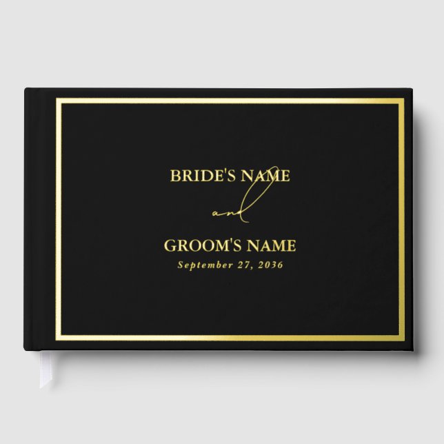 Real Gold Foil Modern Black & Gold Wedding Guest Book (Front)