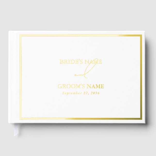 Real Gold Foil Modern White & Gold Wedding Guest Book (Front)