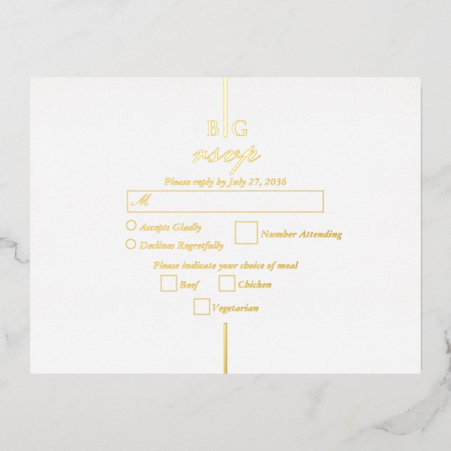 Real Gold Foil Monogram Wedding RSVP Foil Invitation Postcard (Front)