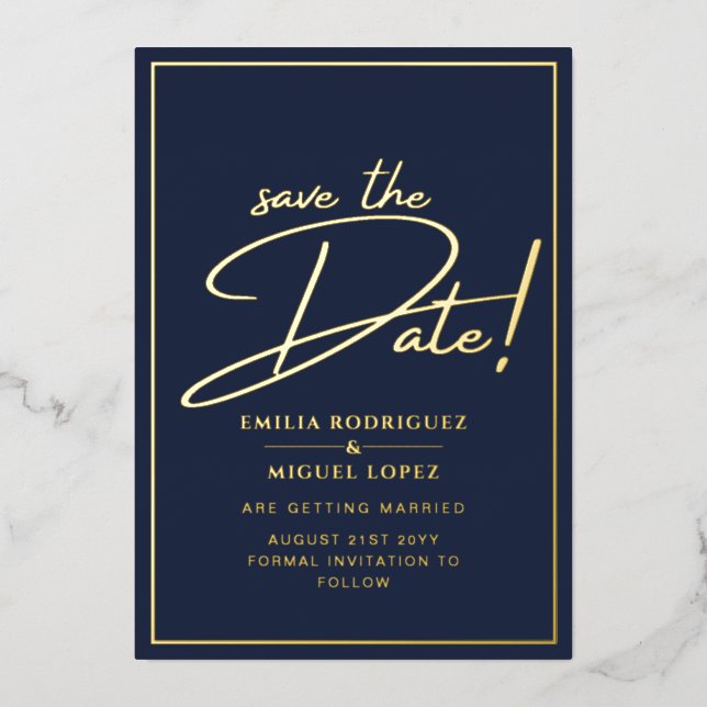 Real GOLD Foil Navy Blue Save the Date Wedding (Front)