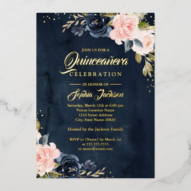 REAL GOLD FOIL Navy Pink Floral Quinceanera (Front)