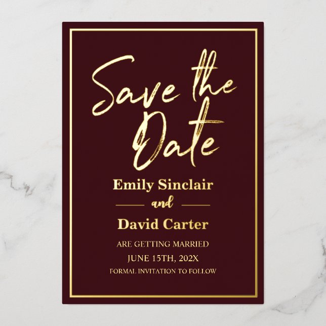 Real Gold Foil on Marsala Save the Date Wedding (Front)