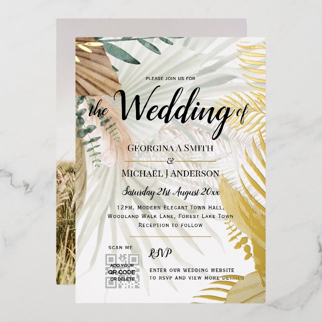 REAL GOLD FOIL Pampas Grass PHOTO QR Code Wedding (Front/Back)