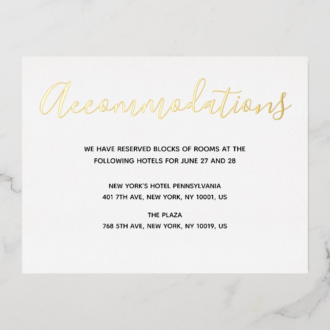 Real Gold Foil Script Wedding Accommodation Cards (Front)