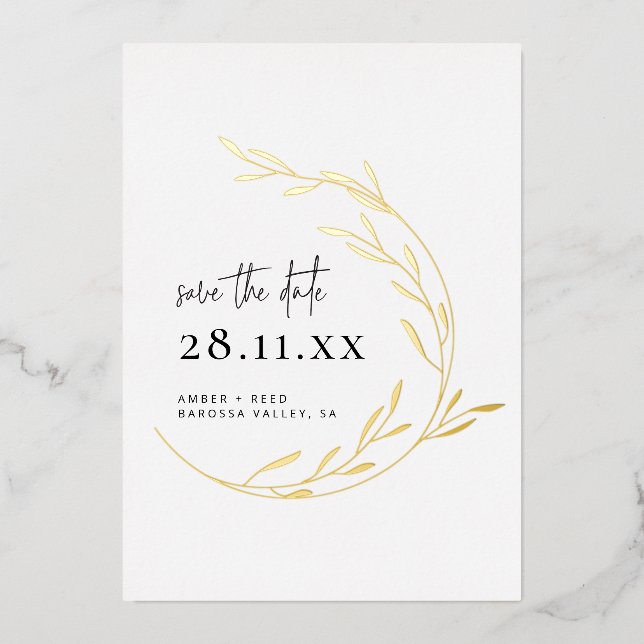 Real Gold Foil Simple Minimal Wreath Save the Date (Front)