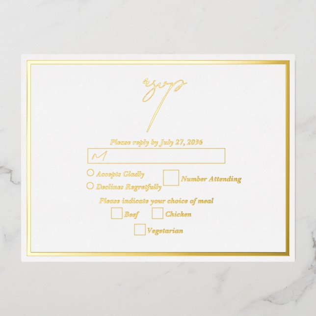 Real Gold Foil White & Gold Wedding RSVP Foil Invitation Postcard (Front)