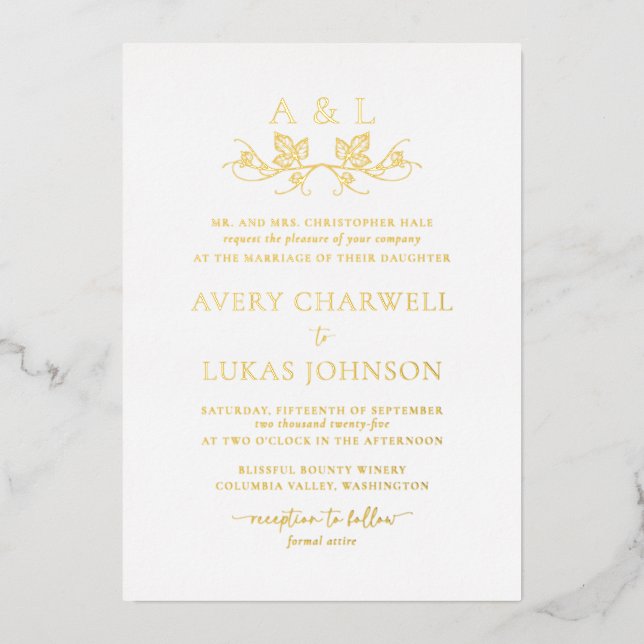 Real Gold Foil Wine Leafy Crest Wedding Monogram (Front)