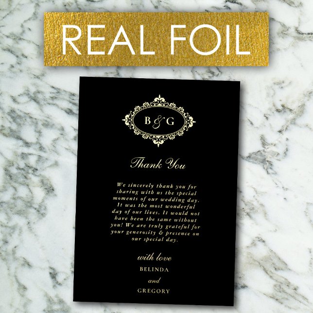 Real Gold Foil Wreath Black Wedding Thank You Card (Real Gold Foil Wreath Black Wedding Thank You Card)