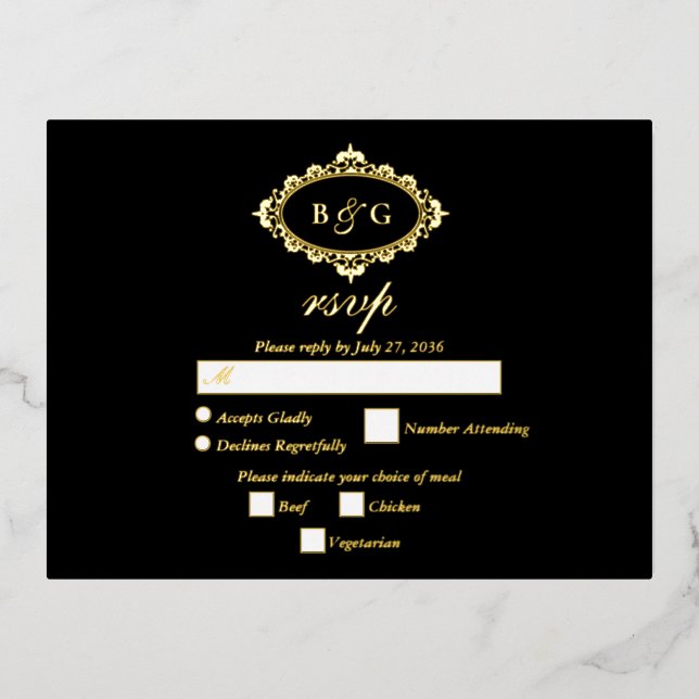 Real Gold Foil Wreath White Wedding RSVP Black Foil Invitation Postcard (Front)