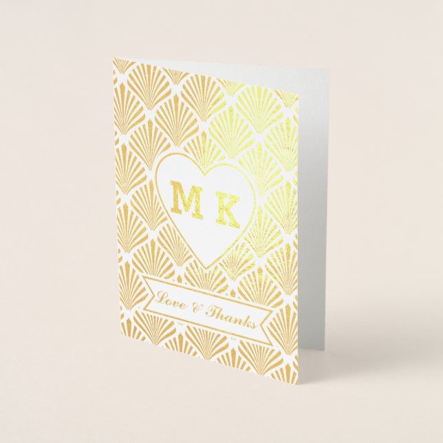 Real Gold Great Gatsby Art Deco Heart Monogram Foil Card (Front)