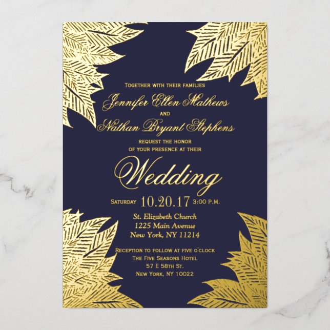 Real Gold Leaves Navy Blue Wedding (Front)