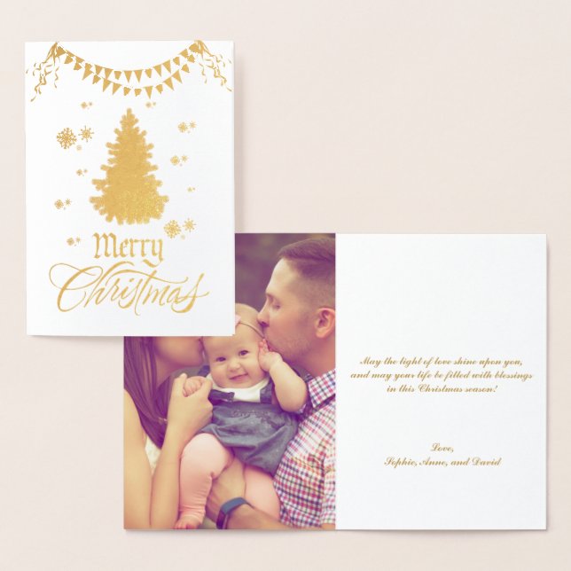 Real Gold Merry Christmas Wishes Custom Photo Foil Card (Display)