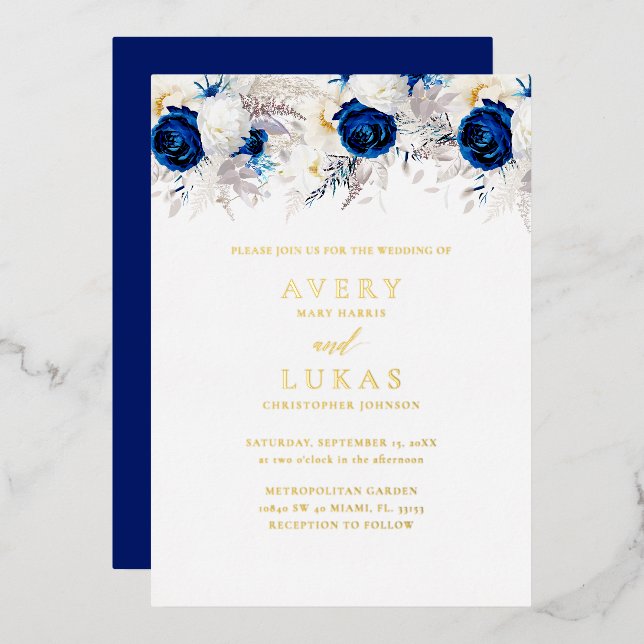 Real Gold Modern Blue Flowers Wedding (Front/Back)