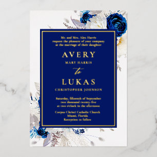 Real Gold Modern Blue White Flowers Wedding Foil 