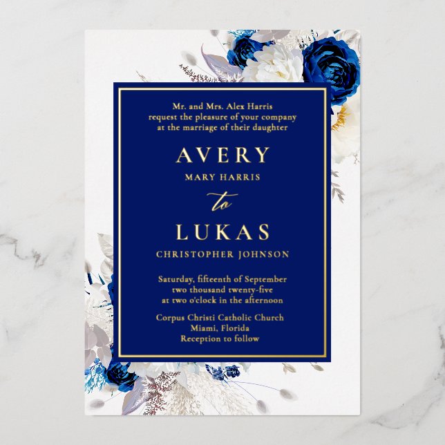 Real Gold Modern Blue White Flowers Wedding Foil  (Front)
