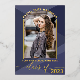 Real Gold Navy Blue Geometric Photo Graduation