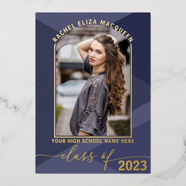 Real Gold Navy Blue Geometric Photo Graduation (Front)