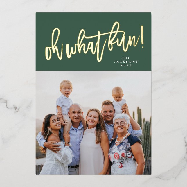 REAL GOLD Oh What Fun Christmas Photo Foil Holiday Card (Front)