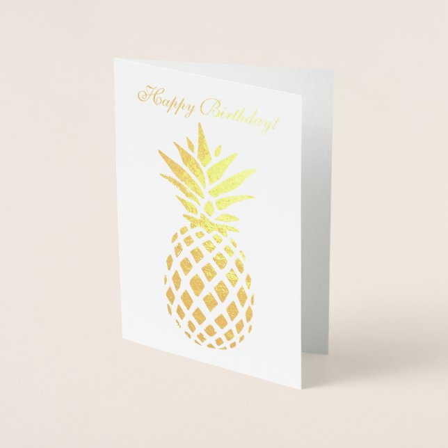Real Gold Pineapple HAPPY BIRTHDAY Typography Foil Card (Front)
