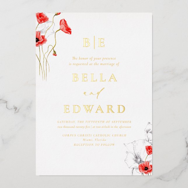Real Gold Poppy Red Wildflowers Chic Wedding  (Front)