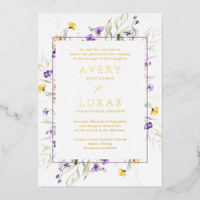 Real Gold Purple Floral Elegant Monogram Wedding (Front)