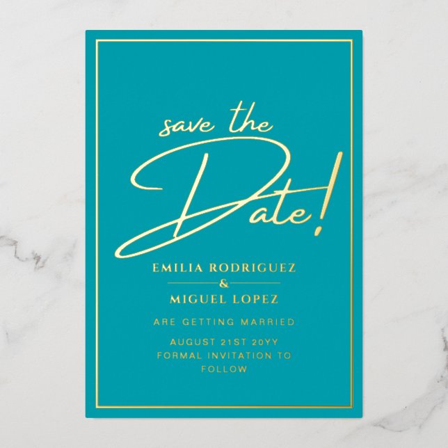 Real GOLD Teal Save the Date Wedding (Front)