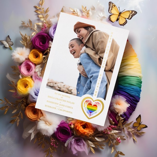Real Golden Effect Pride Rainbow Heart Lesbian Gay (Real Golden Effect Cute Pride Rainbow Heart Lesbians & Gays Photo Metallic Foil Save the Date Card.)