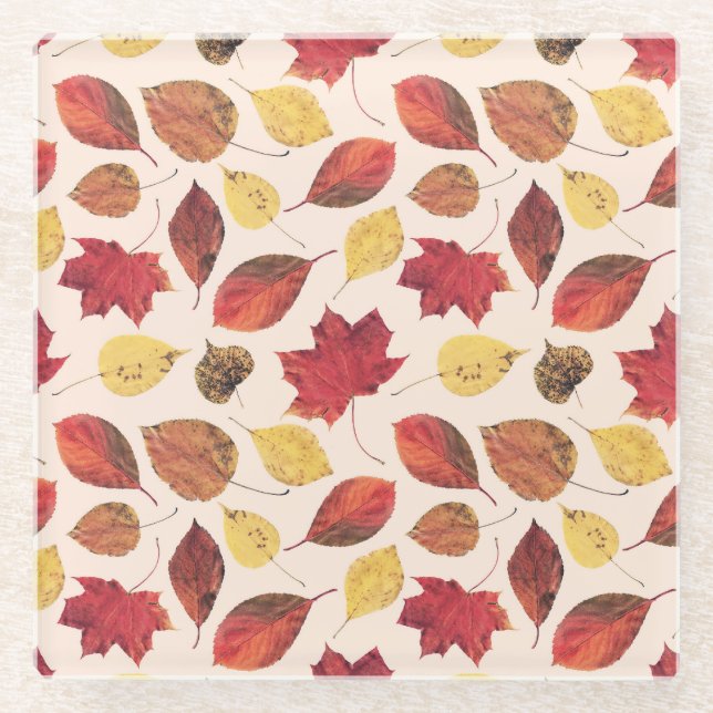 Real leaves photo, unique seamless pattern. glass coaster (Front)