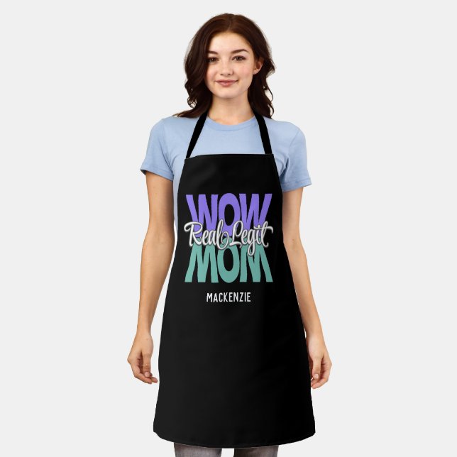Real Legit Wow Mom Print (Purple, Teal & White) Apron (Worn)
