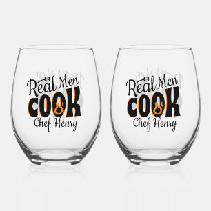 Real Men Cook Black  Stemless Wine Glass