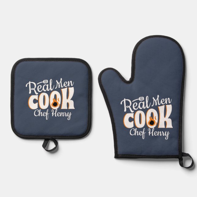 Real Men Cook Custom Chef Dad Father's Day Oven Mitt & Pot Holder Set (Front)