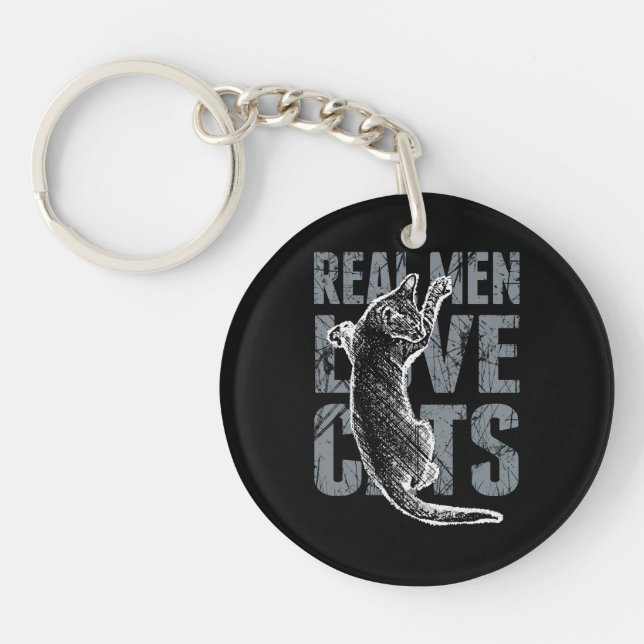 Real Men Love Cats in Distressed Style Keychain (Front)