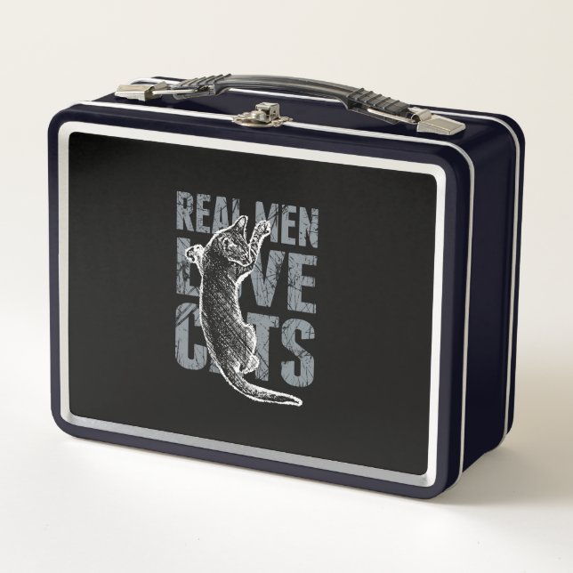 Real Men Love Cats in Grunge Style on Black Metal Lunch Box (Front)