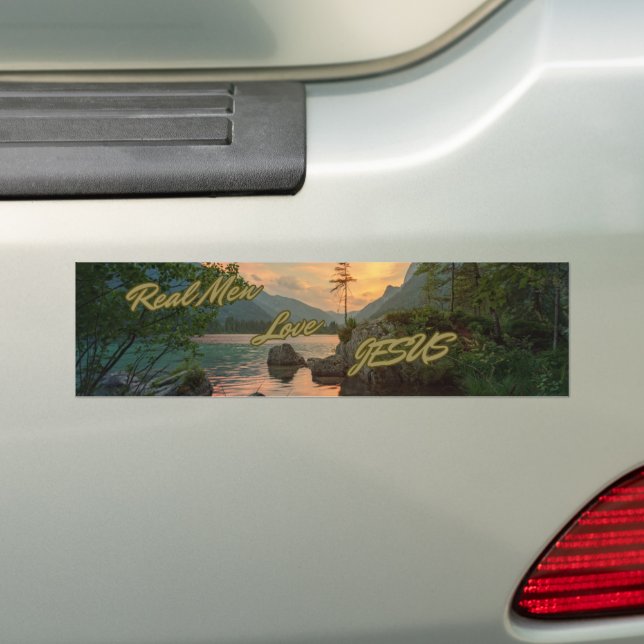 Real Men Love Jesus Outdoors Bumper Sticker (On Car)