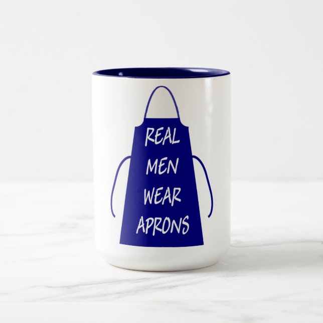 Real Men Wear Aprons (Blue) Two-Tone Coffee Mug (Center)