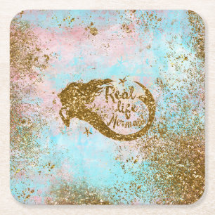 Real Mermaid Life- Glitter Gold Mermaid Square Paper Coaster