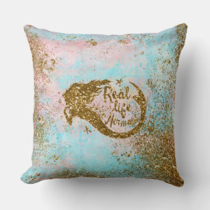 Real Mermaid Life- Glitter Gold Mermaid Throw Pillow