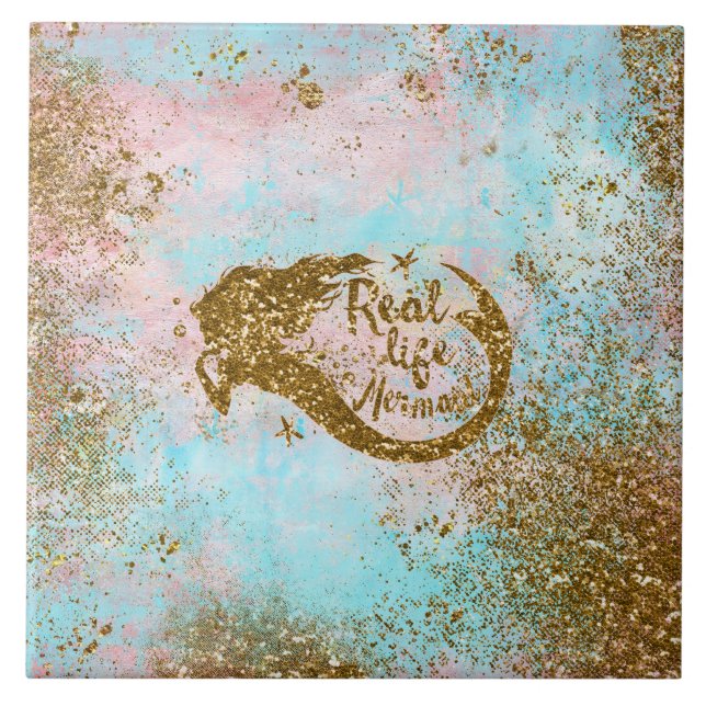 Real Mermaid Life- Glitter Gold Mermaid Tile (Front)