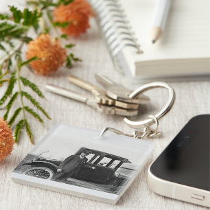 Real Photo Antique Car & Man Keychain